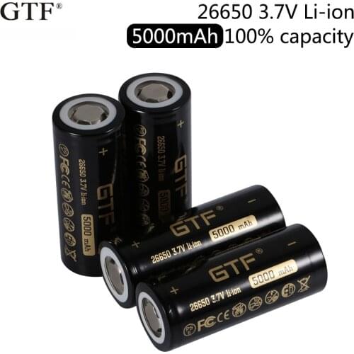 New GTF 26650 Batteries 3.7v 5000mAh 26650-50A li-ion Rechargeable Battery for Flashlight 20A Lanterna Led 26650 free shipping