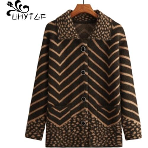 UHYTGF Autumn Coat Female Fashion Hippocampus Striped Knitted Cardigan Womens Casual Warm Sweater Jacket 4XL Plus Size Tops 1267