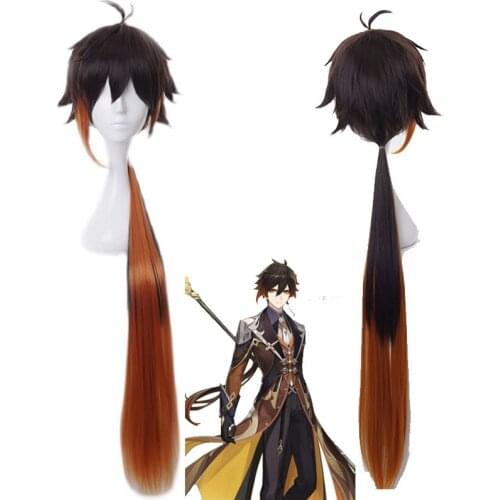Genshin Impact Zhongli Cosplay 90cm Long Christmas Brown Orange Wig Anime Cosplay Heat Resistant Synthetic Wig Halloween Costume