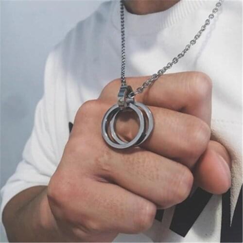Simple bohimia double ring titanium steel pendant hip-hop personality necklace ins hipster sweater chain for couple necklace