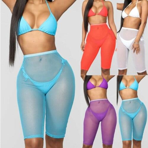 Sexy See-through Women Fishnet Sheer Mesh Shorts Bikini Cover Ups Summer Solid Color High Waist Transparent Ladies Shorts