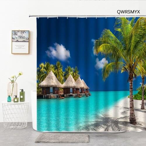 Ocean Grass Pavilion Coconut Tree Shower Curtains 3D Maldives Sea Landscape Bathroom Decor Curtain Hooks Home Background Cloth