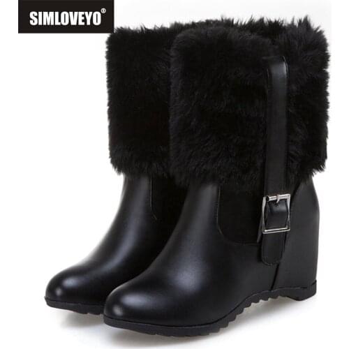 SIMLOVEYO Winter Fur Midcalf Boots Waterproof 7cm Hidden Wedge Heel Woman 2022 7cm Chunky Square Heels Small Big 33-43 S2419