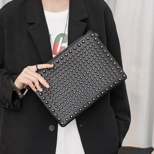 Large Capacity Mens Bag Cluth Purse Luxury Handbag for Men Bag Rivet Street Fashion Envelope Documents Bag Zipper Day Cluth Bag