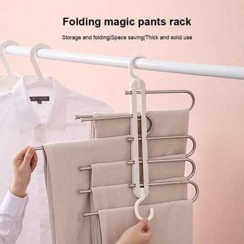 Retractable Drying Rack Hanger Storage Artifact Wardrobe Double Hook Stainless Steel Folding Pants Rack 5 In1 Storage Hanger