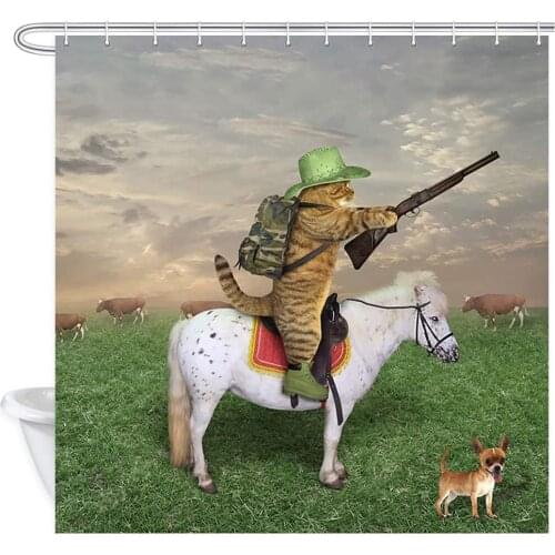 Funny Animals Shower Curtain, Cat Cowboy with Rifle Rides A Horse on Green Grass Ranch with Cow Dog Shower Curtain for Bathroom