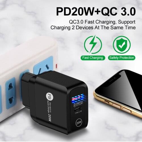 FLOVEME PD20W QC3.0 Fast Charge Mobile Phone Charger for EU US UK Plug for iPhone 12 Xiaomi Samsung USB-A Type-C Travel Charger