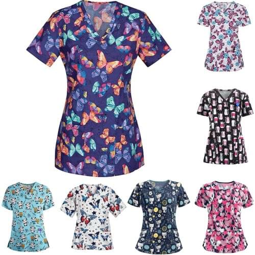 Cute Cartoon Print Working Uniform Women Blouse Short Sleeve V-neck Top 2021 Carer Uniforme Enfermera Mujer Unifo Female Clothes