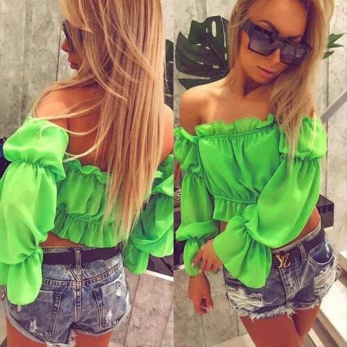 Women Top Shirt Trendy Chiffon Off Shoulder Slash Neck Loose Pleated Flare Sleeve Ruffle Shirt Sexy Casual Cop Tops