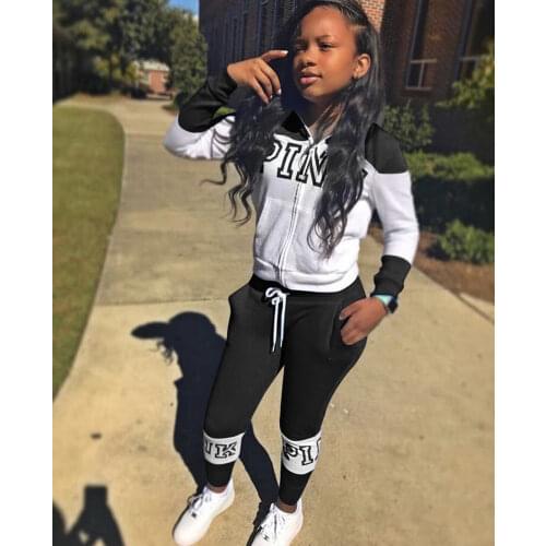 2020 Pink Letter Print Sporty Casual 2 Piece Set Women Fall Spring Zip Sweatsuit Outfit Pockets Coat Sweatpants Tracksuit Suits