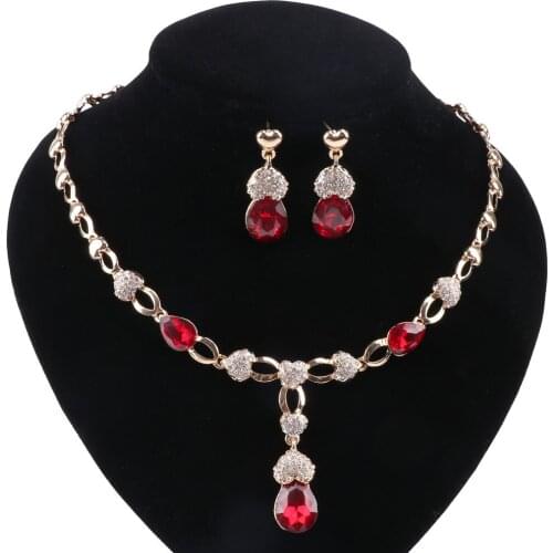 Wedding Bridal Dress Accessories Jewelry Sets For Women Red Zircon Crystal Necklace Earrings Holiday Party Jewelry Set