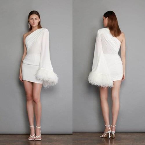 One Shoulder Evening Dresses for Women Feather Short Cocktail Prom Dress Mini Style Formal Robe De Soirée
