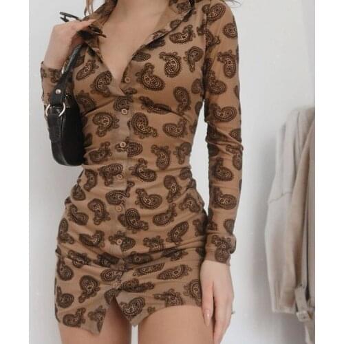 Women Fashion Turn-down Collar Print Shirt Dress Long Sleeve Slim Fit Single Breasted Pencil Dress for Ladies Female OL Dress