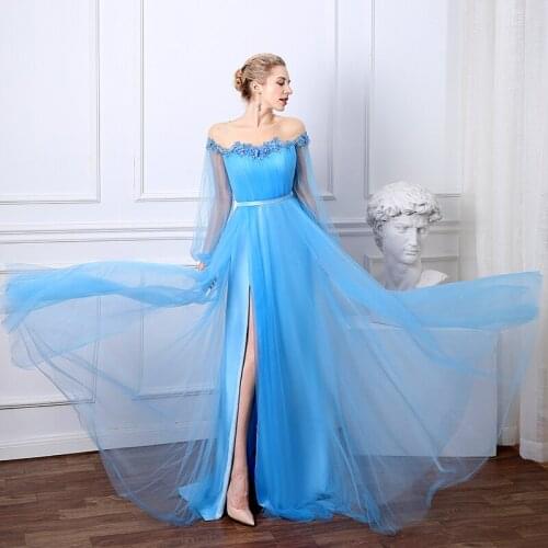 Sevintage Blue Real Photos Long Puff Sleeves Evening Dress Satin Tulle High Split Prom Gowns 3D Flowers Women Party Dresses 2020