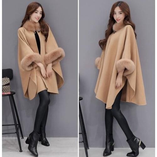 Women Winter Fashion Loose Faux Fox Fur Poncho Cape Coat Big Collar Shawl Cloak Cashmere BatSleeve Wraps Coats Outerwear Tops