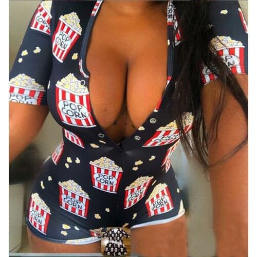2021 Christmas Women Sexy Autumn Winter Sleepwear Onesies Long Sleeve Black Night Wear Cuit Pajamas for Female Popcorn Printed