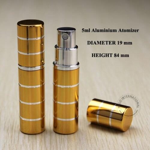 Free shipping 20pcs/lot 5ml D19*H84mm golden perfume pump atomizing spray bottle liquid glass bottle