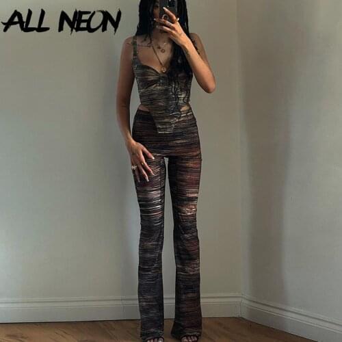 ALLNeon Y2K Fairy Grunge Printing Co-ord Set with Pants Vintage E-girl Cut Out Cami Tops and High Waist Pants 2 Piece Suits Chic