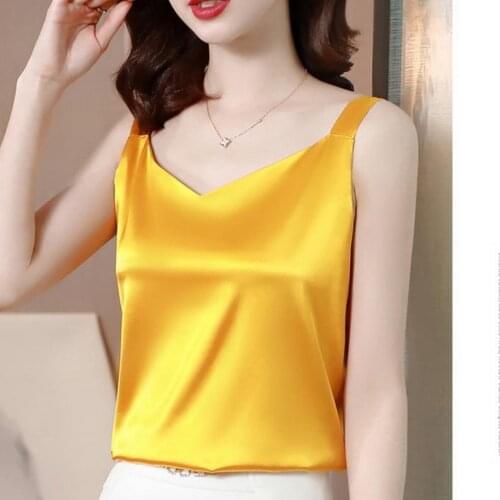 Summer Fashion Women Candy Colors Belt Vest Female V-neck Sexy Satin Tank Tops Bottom Clothes Yellow xxxl Design T-shirt