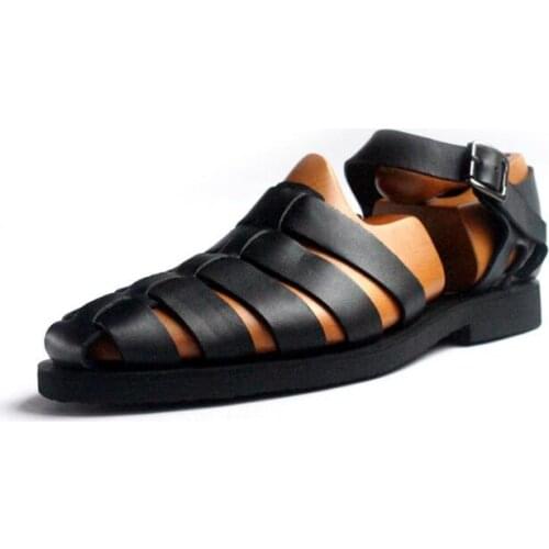 Classical Style Rome Men Gladiators Cut out Genuine leather Flats Summer Sandals Cozy Beach Shoes Buckle Punk Black Sandalias