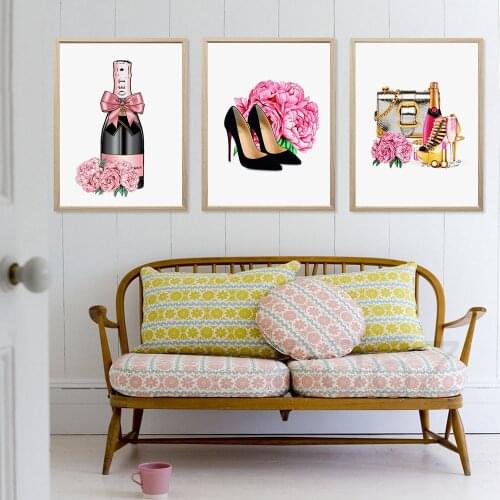 Pink Flower Peony Paris Perfume Champagne Nordic Posters And Prints Wall Art Canvas Painting Wall Pictures For Living Room Decor