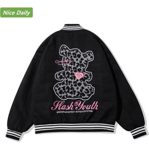 NiceDaily Winter Mens Jacket Leopard Print Bear Stitching Embroidery Harajuku Couple Baseball Uniform Loose Sports Jacket Women