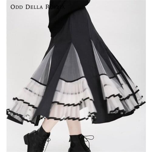 OddDellaRobbia 2021 New Spring And Summer Womens Mid-Length Pleated Skirt Color-Blocking High-Waist Mesh Lace Skirt 1239
