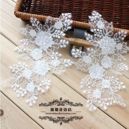 New Arrival 5 Pairs 21.5*12cm Off White Tulle Mesh Beautiful Embroidery Corded Lace Applique Fabric Patches for Evening Dresses