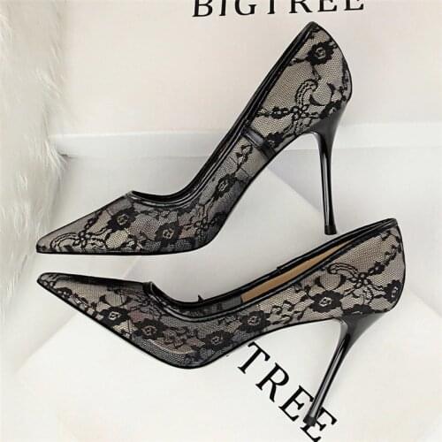 New 2020 Black White Mesh Lace High Heels Calzado Mujer Thin Heels For Women Pointed Toe Pumps Sexy Woman Party Shoes
