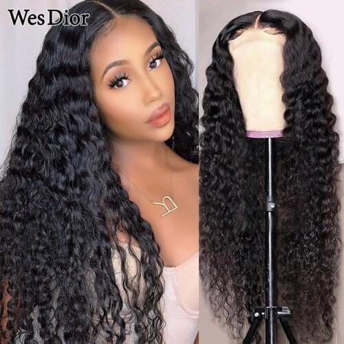 Deep Wave Human Hair Wigs Brazilian Lace Frontal Wig For Black Women Pre-Plucked Deep Curly 4x4 Lace Closure Wig Remy Density180