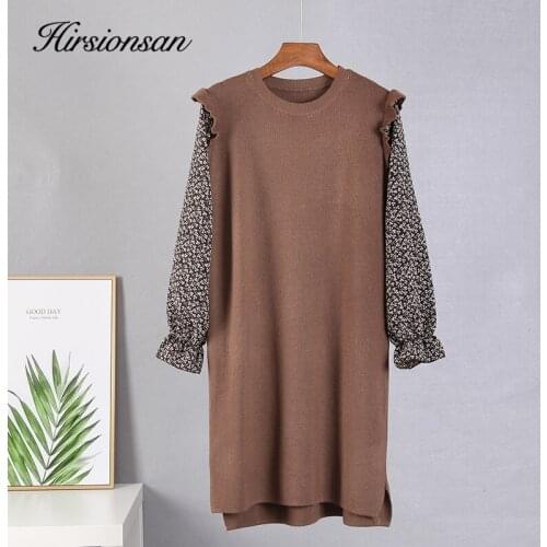 Hirsionsan Chic Women Sweater Dress 2021 New Elegant Chiffon Knitting Bottoming Harajuku Patchwork Slim Ladies Casual Dersses