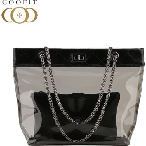 Coofit Womens Jelly Clear Transparent Tote PU Leather Chain Bag Shoulder Bags Beach Bag Popular Lady Black Handbag PVC Sac Femme