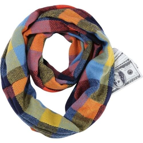 Plaid Scarf Infinity Wrap Hidden Zipper Pocket Warm Women Wrap with Secret Hidden Zipper Pocket infinity Travel Scarfs Woman Man