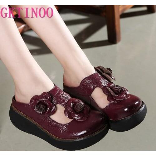 GKTINOO Summer Slippers Genuine Leather Shoes Handmade Flower Slides Flip Flops Platform Clogs For Women Wedges Slippers