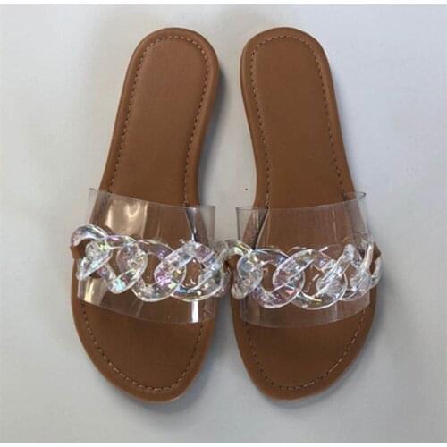 Metal Chain Slides Clear Transparent Flat Slippers Women Shoes Woman Rainbow Colorful Summer Beach Slippers Flip Flops Plus Size