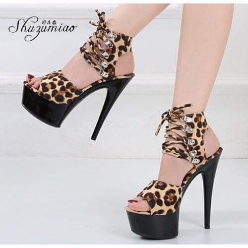 Shuzumiao Brand Womens Shoes Platform High-heeled Femmes Sandales 15cm Thin-heeled Sexy Leopard Ankle Straps Summer Party Shoes