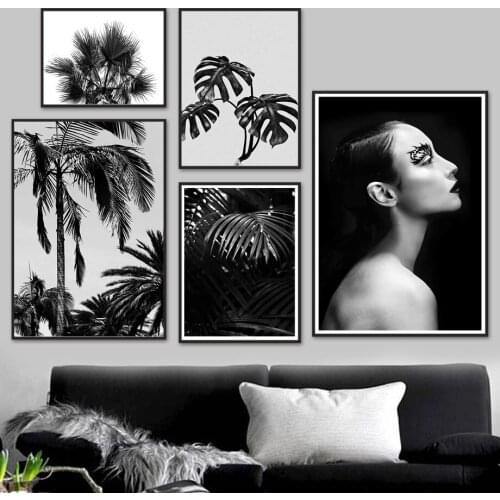 Modern Fashion Girl Monstera Palm Plant Wall Art Canvas Painting Nordic Posters And Prints Wall Pictures For Living Room Decor