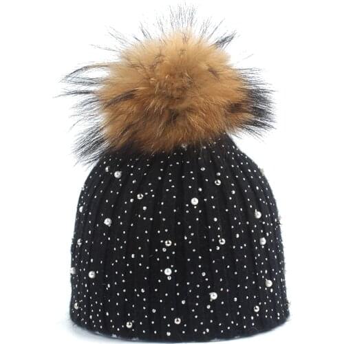 Rhinestone Beanie Kids Girls Wool Knitted Winter Hats For Children Real Raccoon Fur Pompom Hat Skullies 4-8 age