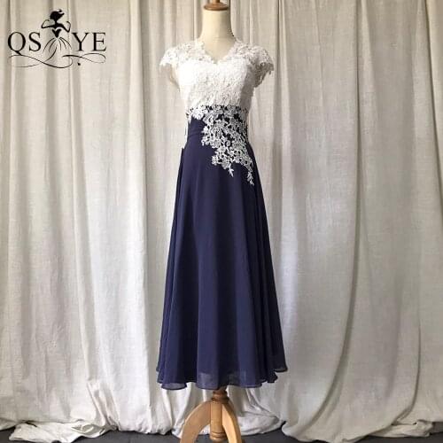 Navy Prom Dress Chiffon Short Evening Gown Cap Sleeves White Lace Party Formal Dress for Mom Women A Line Appliques Short Gown