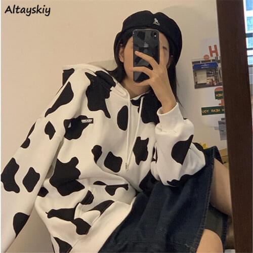 With Hat Hoodies Harajuku Cow-print Hip Hop Couple Teens Hoodie Korean Lovely Basic Popular Autumn College Ladies Sweatshirts