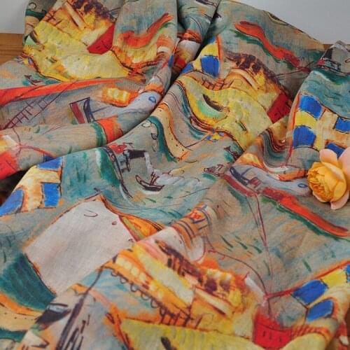 High end natural ramie fabric Digital printing of sailing oil painting tissu Comfortable and breathable shirt dress tissus