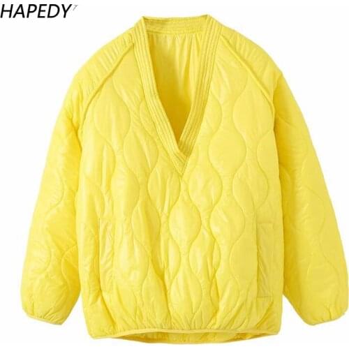 Yellow Fashion Cotton Jacket 2021 New Oversized Womens Jacket Female Coat Winter Pullover Parkas V Neck Outwear Solid Overcoat