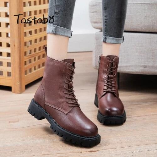Women Boots New Genuine Leather Boots Autumn Winter Boots Martens Boots Lace up Boots Casual Zapatos Mujer A2832