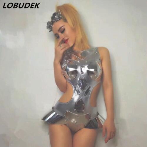 Nightclub Bar Female costumes silvery mirror hollowed up bodysuit womens dancers Bar Dancer stage DJ DS performance sexy outfit