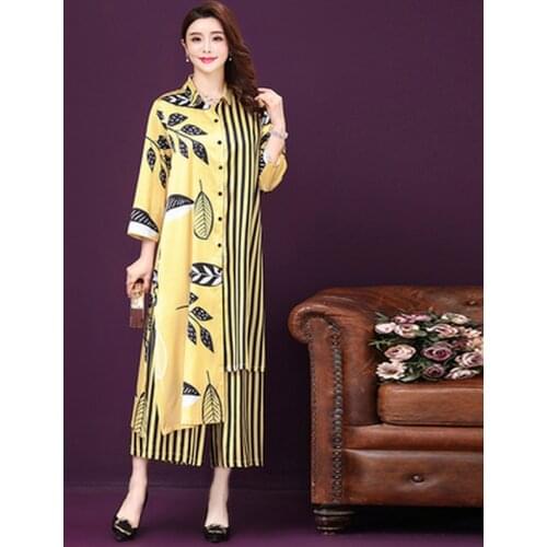 Two Pieces Sets Women Wide Pant Cardigan Dress Suit Loose Print Streetwear Ladies Dresses Vestidos Elegantes Plus Size