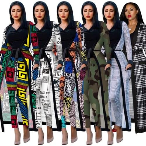 FNOCE autumn winter womens sets fashion elegant multi long sleeve coat anf tingt trousers sexy nightclub casual two-piece suits