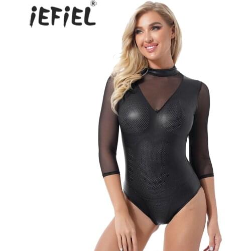 Women Long Sleeve Patchwork Bodycon Bodysuit See-through Mesh Lingerie Jumpsuit High Cut Catsuit Teddies Sissy Party Clubwear