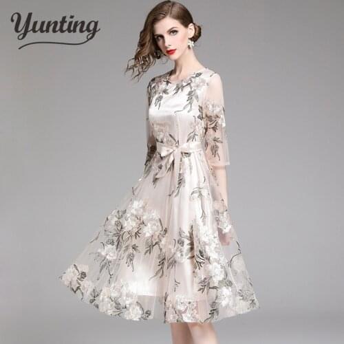 New Women Embroidery Mesh Dress Flower Hollow Out Vestidos Elegant Work Casual Vintage Party Dresses