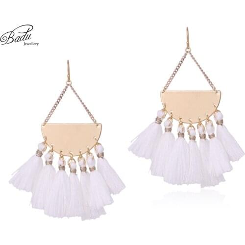 Badu Triangle Dangle Earring White Fringes Women Chic Tassel Earring 2 Colors Bohemian Jewelry Cotton Handmade Daily Trendy