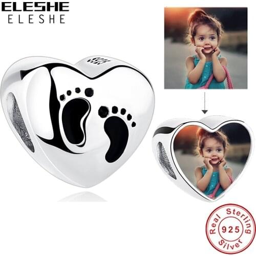 Authentic 925 Sterling Silver Custom Photo Heart Charm Baby Print Personalized Beads Fits Original Charms Bracelet DIY Jewelry